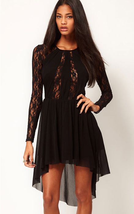 Black  Lace Insert Skater Dress With High Low Hem